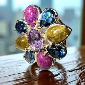 Unusual Multi Gemstone And Sterling Silver Split Shank Cocktail Ring